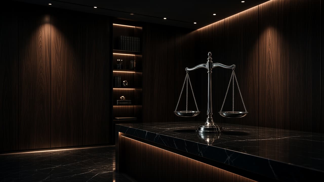 Minimal sophisticated law office with sculptural scales